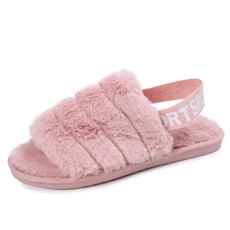 Womens Fur Slippers with Ankle Elastic Band Open Toe Winter Slides Home Slipper Plush Slip-on Fluffy Warm Indoor Slippers Comfortable Slides Esg14129